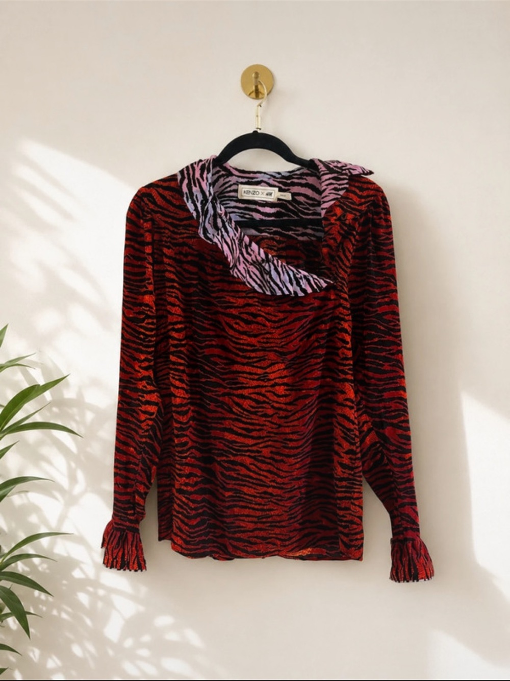 Kenzo Red and Black Zebra-Print Long Sleeve Top with Pink Collar
